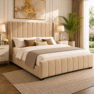 WINCHESTER Luxury Wingback Upholstered Bed Frame – Premium Beige Fabric | Modern Vertical Panel Design