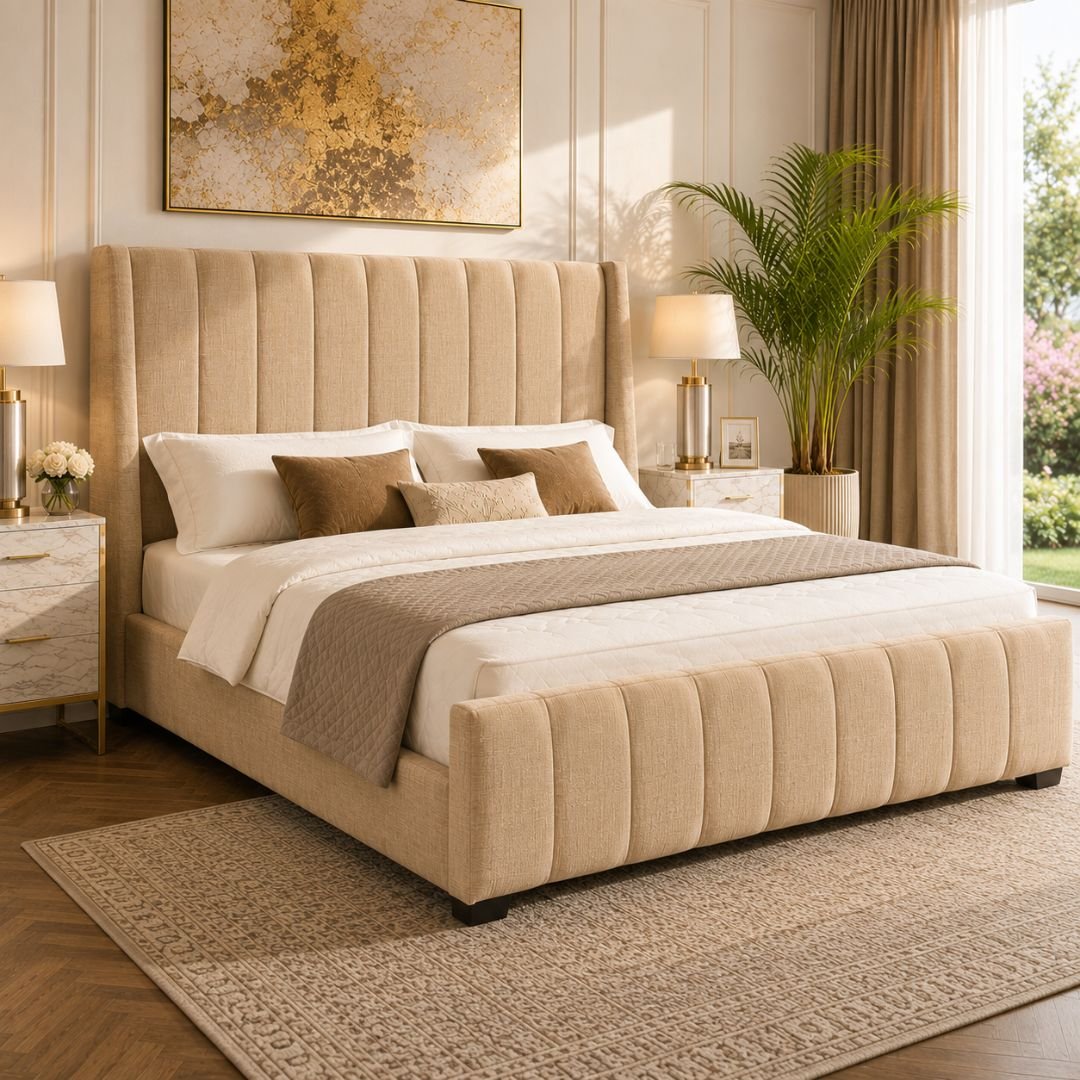 WINCHESTER Luxury Wingback Upholstered Bed Frame – Premium Beige Fabric | Modern Vertical Panel Design