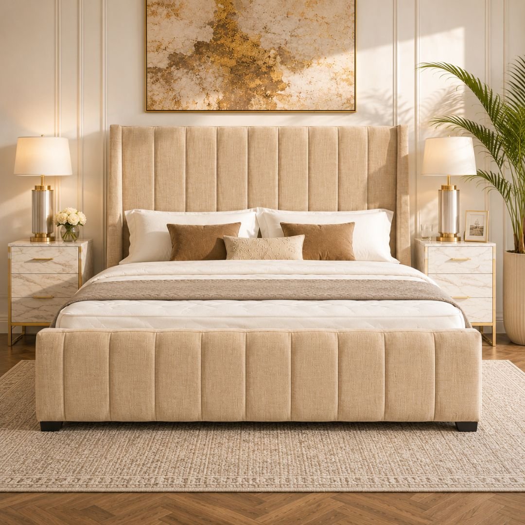 WINCHESTER Luxury Wingback Upholstered Bed Frame – Premium Beige Fabric | Modern Vertical Panel Design - Image 8