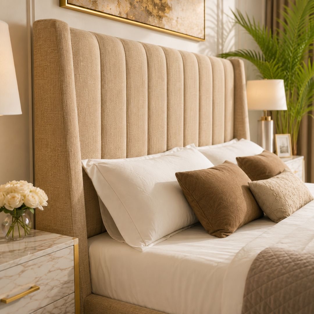 WINCHESTER Luxury Wingback Upholstered Bed Frame – Premium Beige Fabric | Modern Vertical Panel Design - Image 9