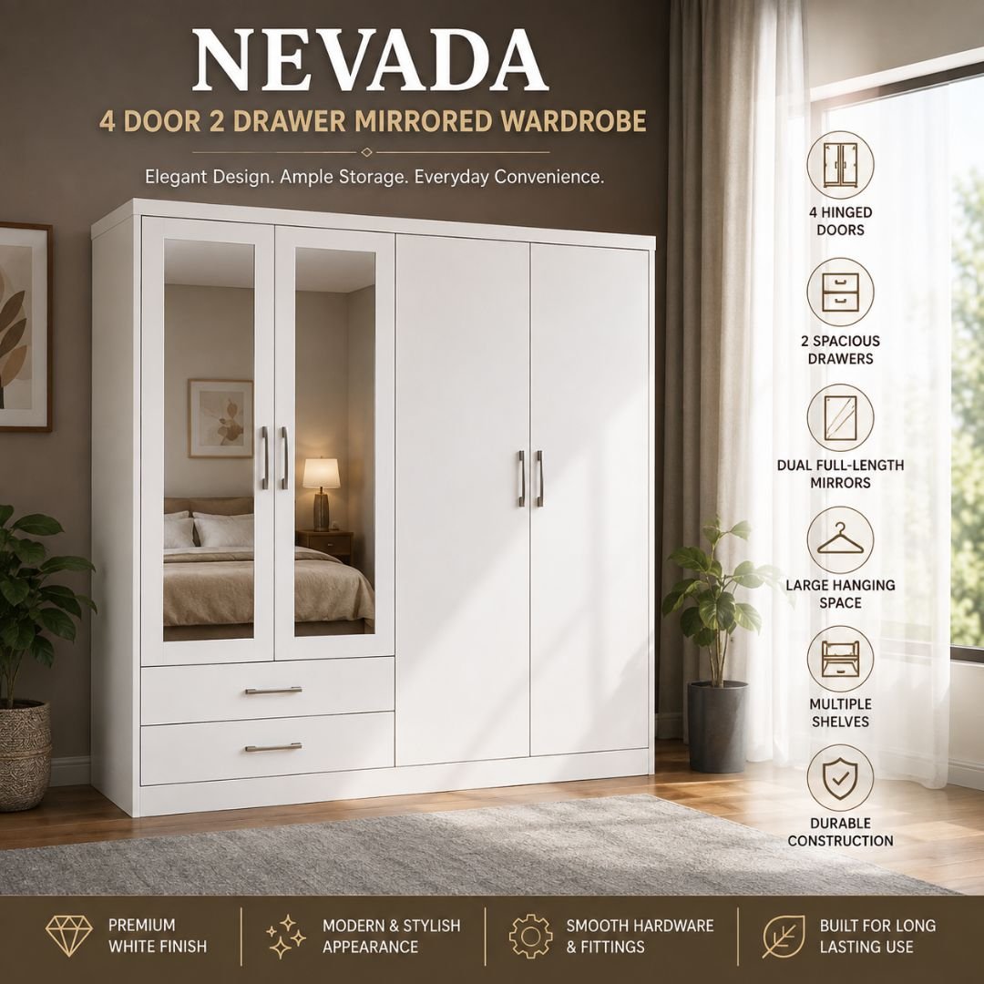 Nevada 4 Door 2 Drawer Mirrored Wardrobe – White Finish - Image 2