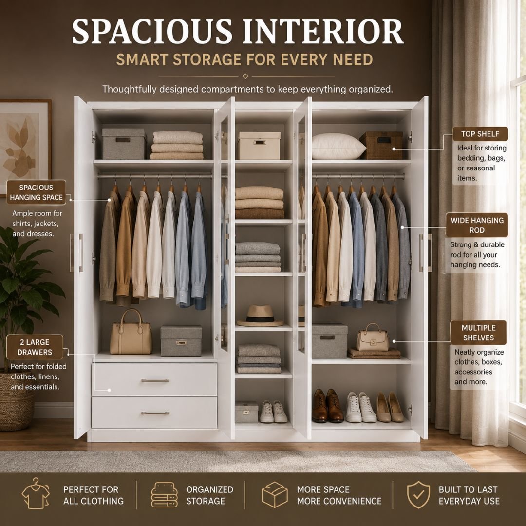 Nevada 4 Door 2 Drawer Mirrored Wardrobe – White Finish - Image 3