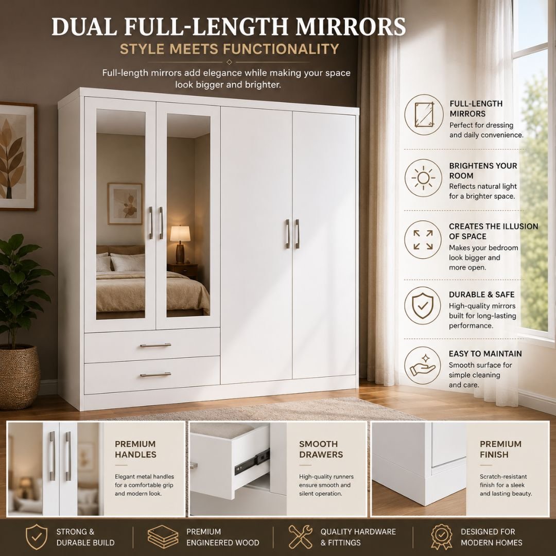 Nevada 4 Door 2 Drawer Mirrored Wardrobe – White Finish - Image 4