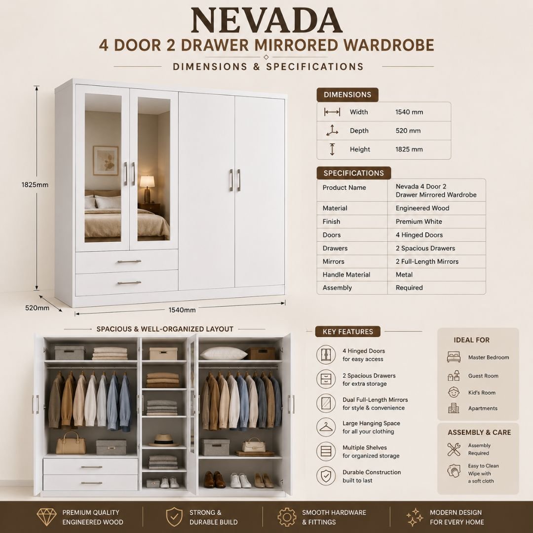 Nevada 4 Door 2 Drawer Mirrored Wardrobe – White Finish - Image 5