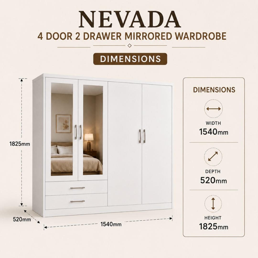 Nevada 4 Door 2 Drawer Mirrored Wardrobe – White Finish - Image 6