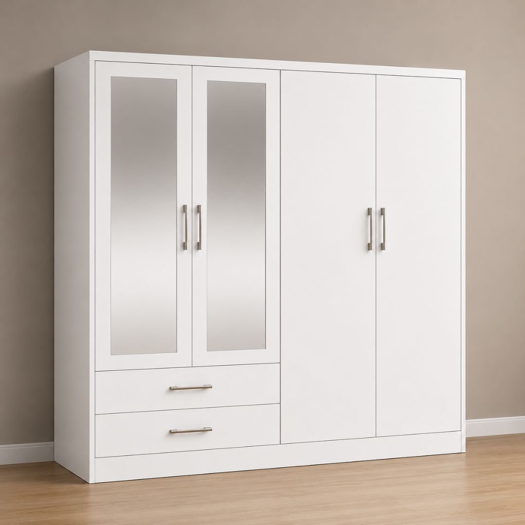 Nevada 4 Door 2 Drawer Mirrored Wardrobe – White Finish