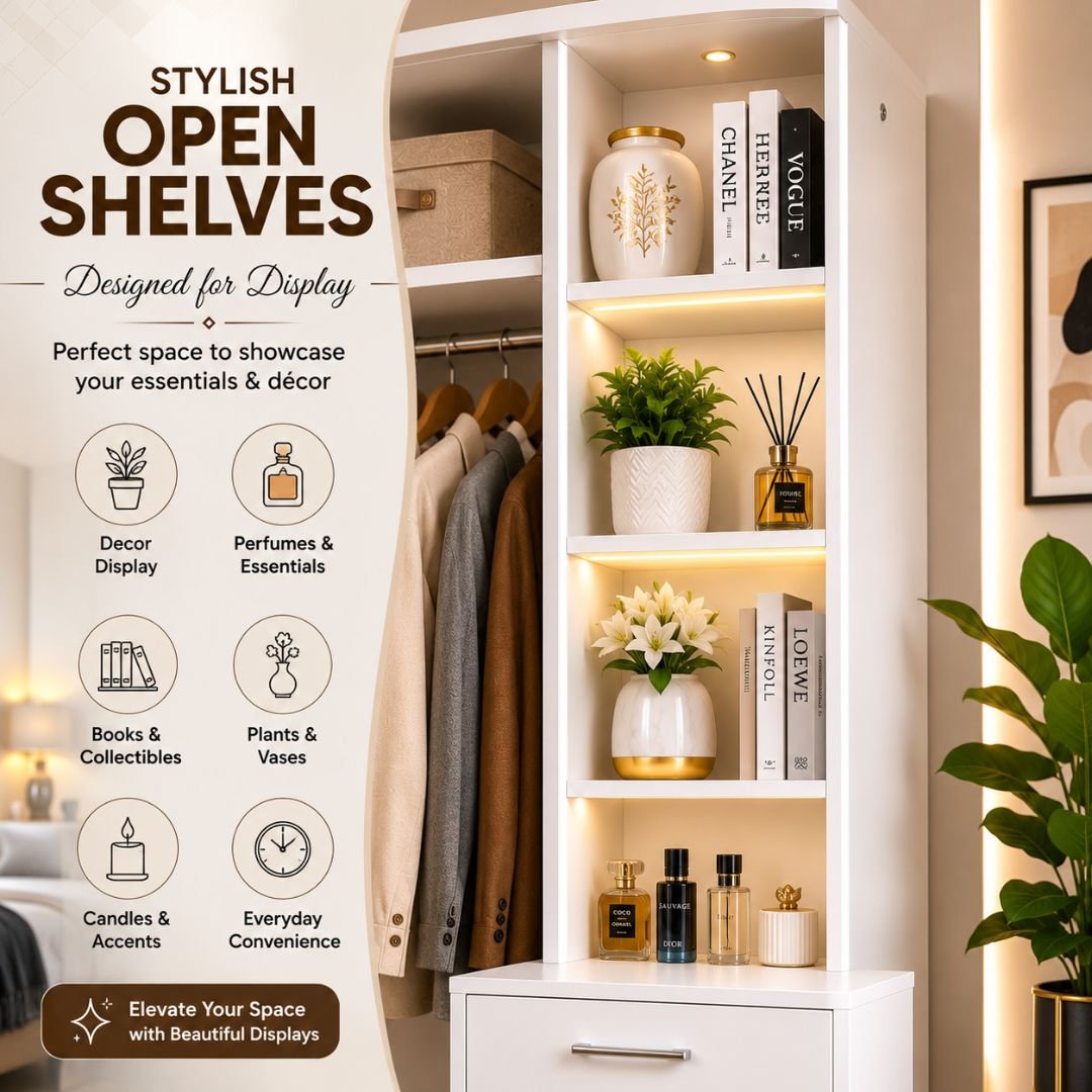 Nevada Mirrored Open Shelf Wardrobe with Full-Length Mirror & 2 Drawers – Modern White Bedroom Storage Cabinet - Image 2