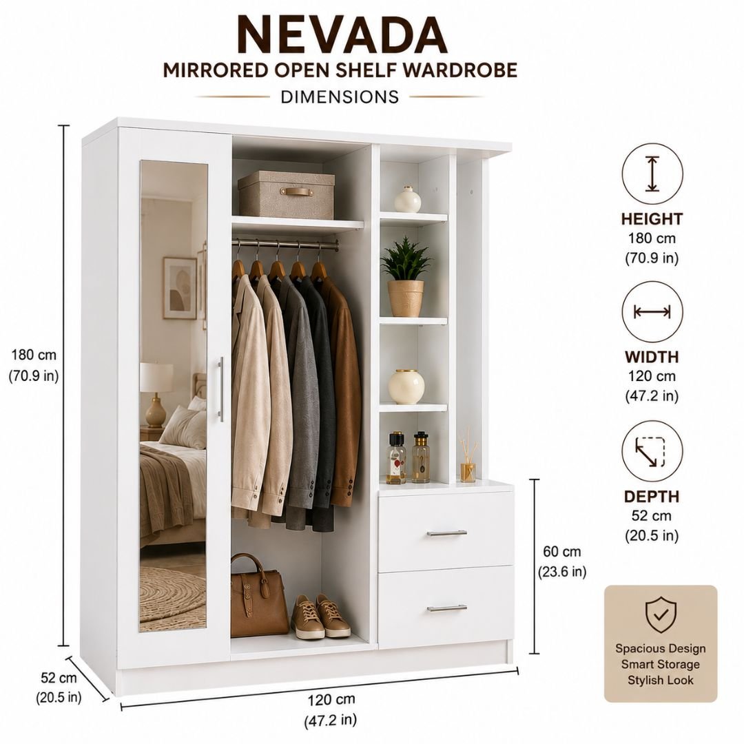 Nevada Mirrored Open Shelf Wardrobe with Full-Length Mirror & 2 Drawers – Modern White Bedroom Storage Cabinet - Image 4