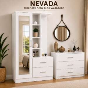 Nevada Mirrored Open Shelf Wardrobe with Full-Length Mirror & 2 Drawers – Modern White Bedroom Storage Cabinet