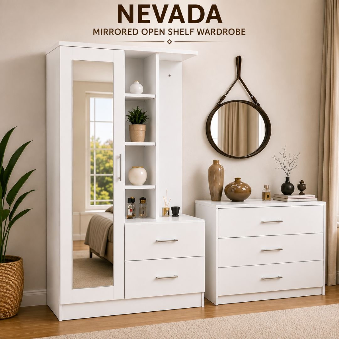 Nevada Mirrored Open Shelf Wardrobe with Full-Length Mirror & 2 Drawers – Modern White Bedroom Storage Cabinet