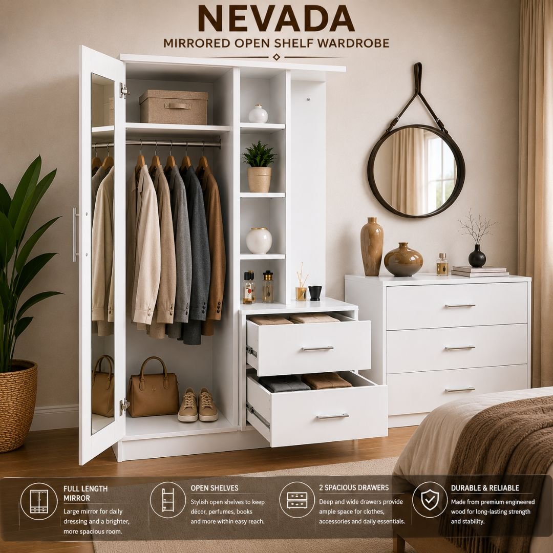 Nevada Mirrored Open Shelf Wardrobe with Full-Length Mirror & 2 Drawers – Modern White Bedroom Storage Cabinet - Image 6