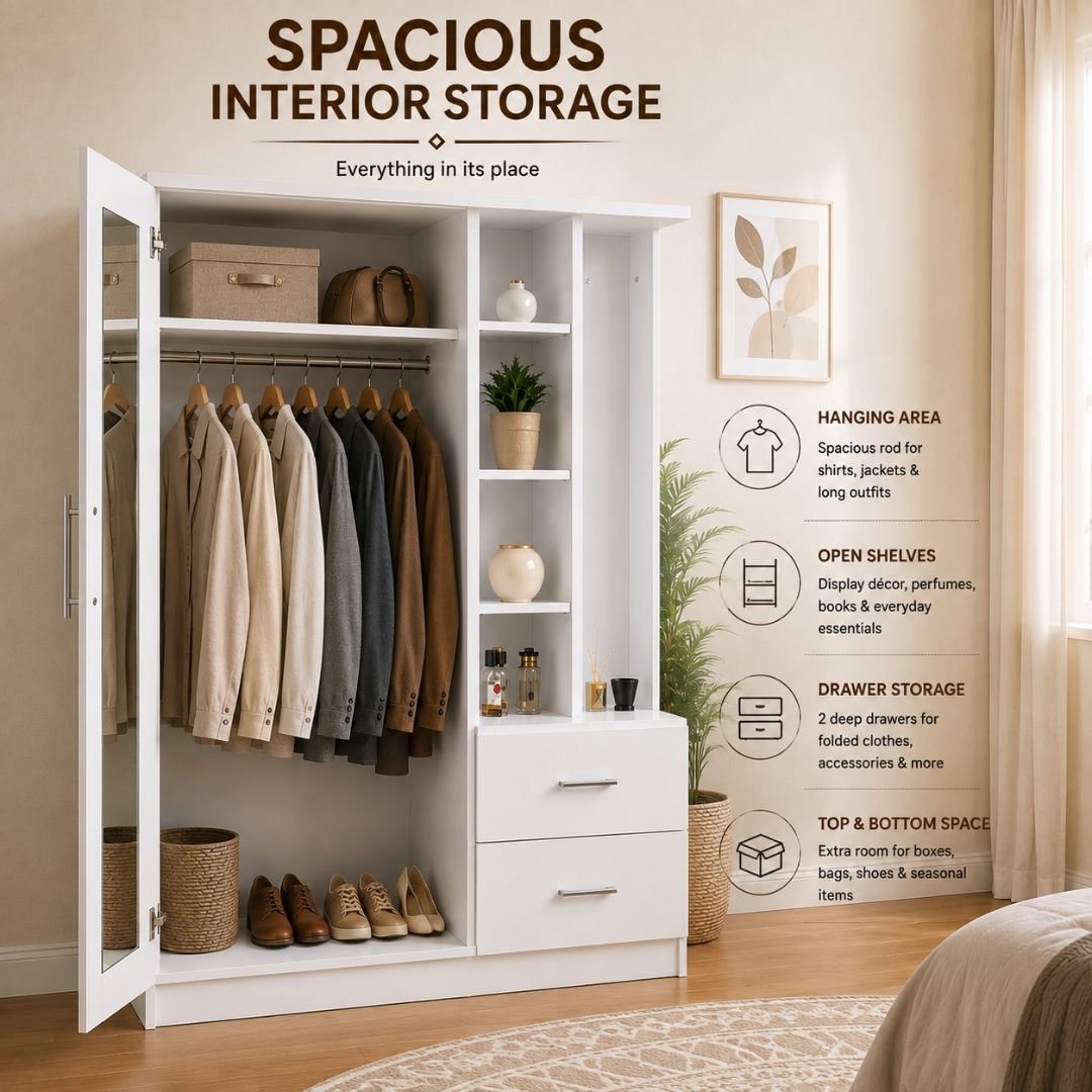 Nevada Mirrored Open Shelf Wardrobe with Full-Length Mirror & 2 Drawers – Modern White Bedroom Storage Cabinet - Image 7