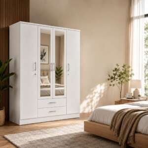 Nevada 3 Door 2 Drawer Mirrored Wardrobe – Modern White Bedroom Storage Cabinet with Full-Length Mirror
