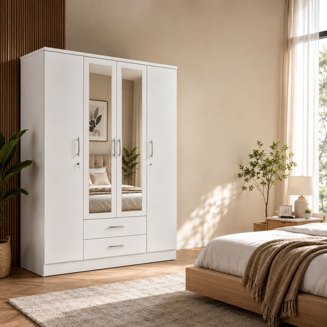 Nevada 3 Door 2 Drawer Mirrored Wardrobe – Modern White Bedroom Storage Cabinet with Full-Length Mirror