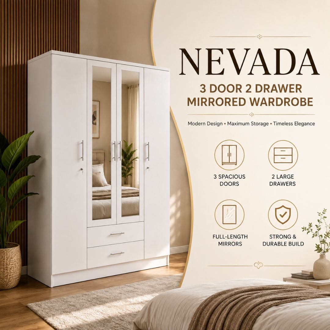 Nevada 3 Door 2 Drawer Mirrored Wardrobe – Modern White Bedroom Storage Cabinet with Full-Length Mirror - Image 3