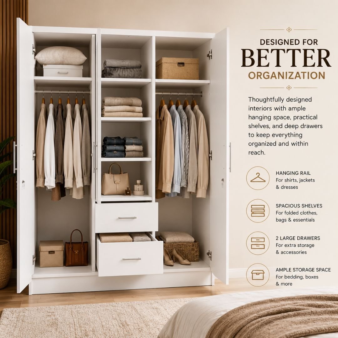 Nevada 3 Door 2 Drawer Mirrored Wardrobe – Modern White Bedroom Storage Cabinet with Full-Length Mirror - Image 4