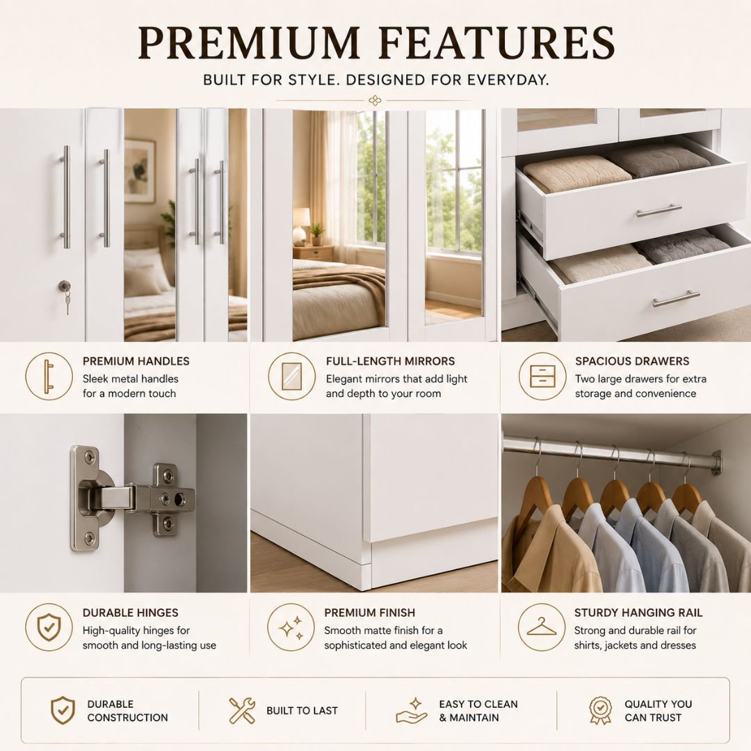Nevada 3 Door 2 Drawer Mirrored Wardrobe – Modern White Bedroom Storage Cabinet with Full-Length Mirror - Image 5