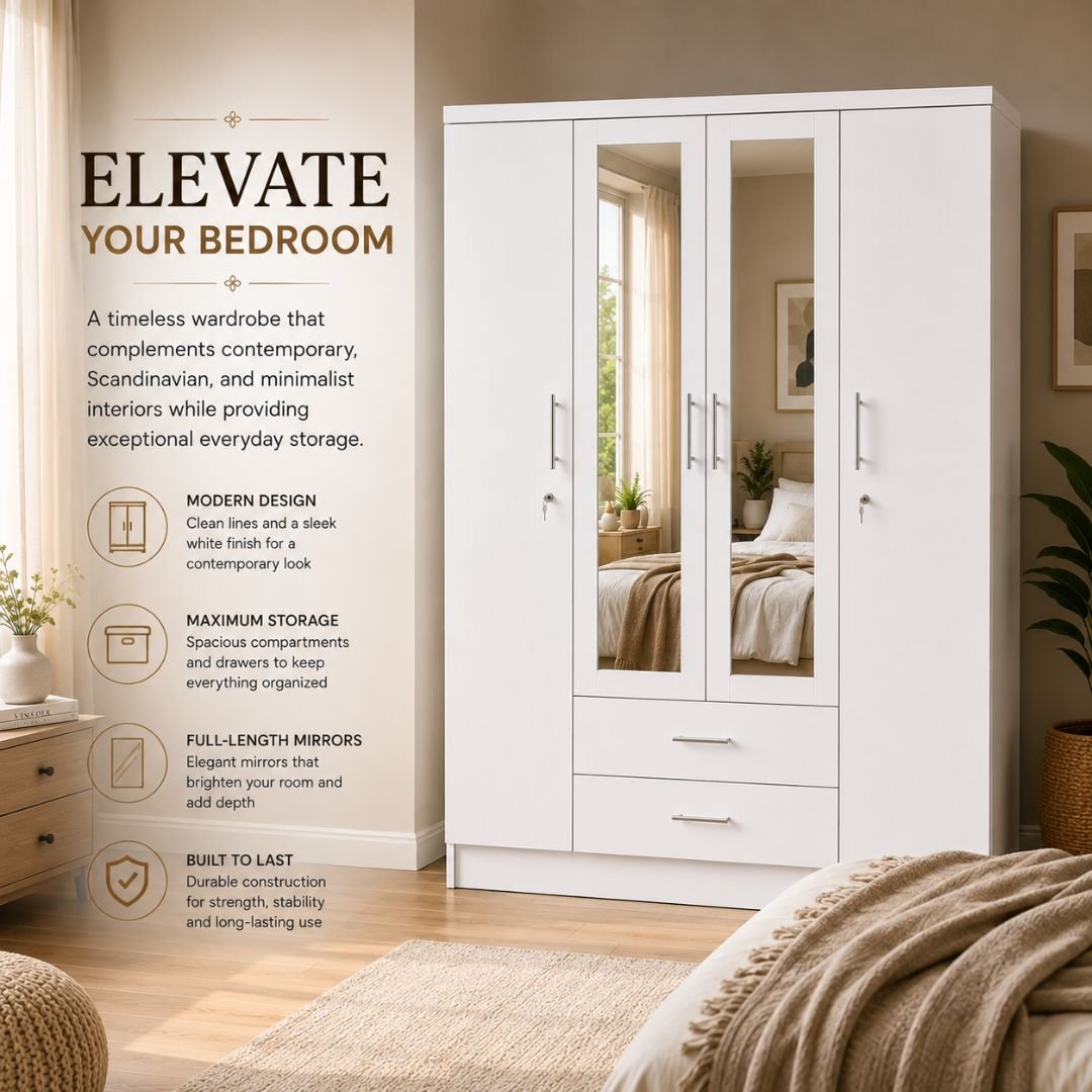 Nevada 3 Door 2 Drawer Mirrored Wardrobe – Modern White Bedroom Storage Cabinet with Full-Length Mirror - Image 6