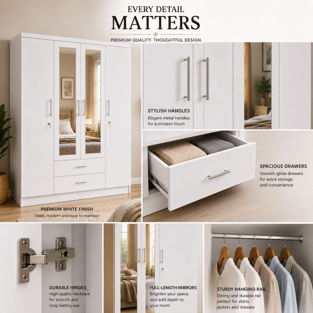Nevada 3 Door 2 Drawer Mirrored Wardrobe – Modern White Bedroom Storage Cabinet with Full-Length Mirror - Image 7