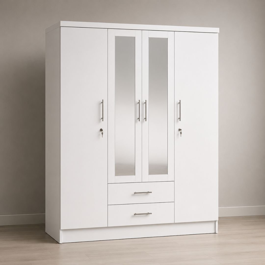 Nevada 3 Door 2 Drawer Mirrored Wardrobe – Modern White Bedroom Storage Cabinet with Full-Length Mirror - Image 8
