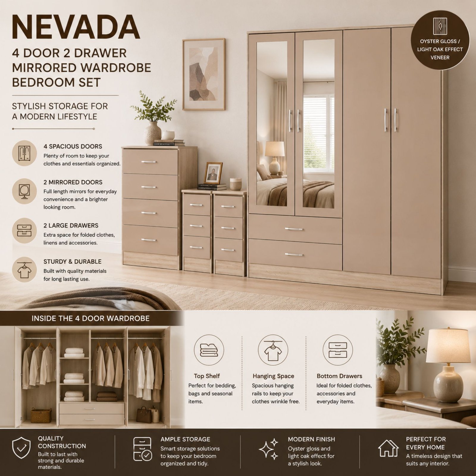 Nevada 4 Door 2 Drawer Mirrored Wardrobe Bedroom Set β Oyster Gloss / Light Oak Effect - Image 2