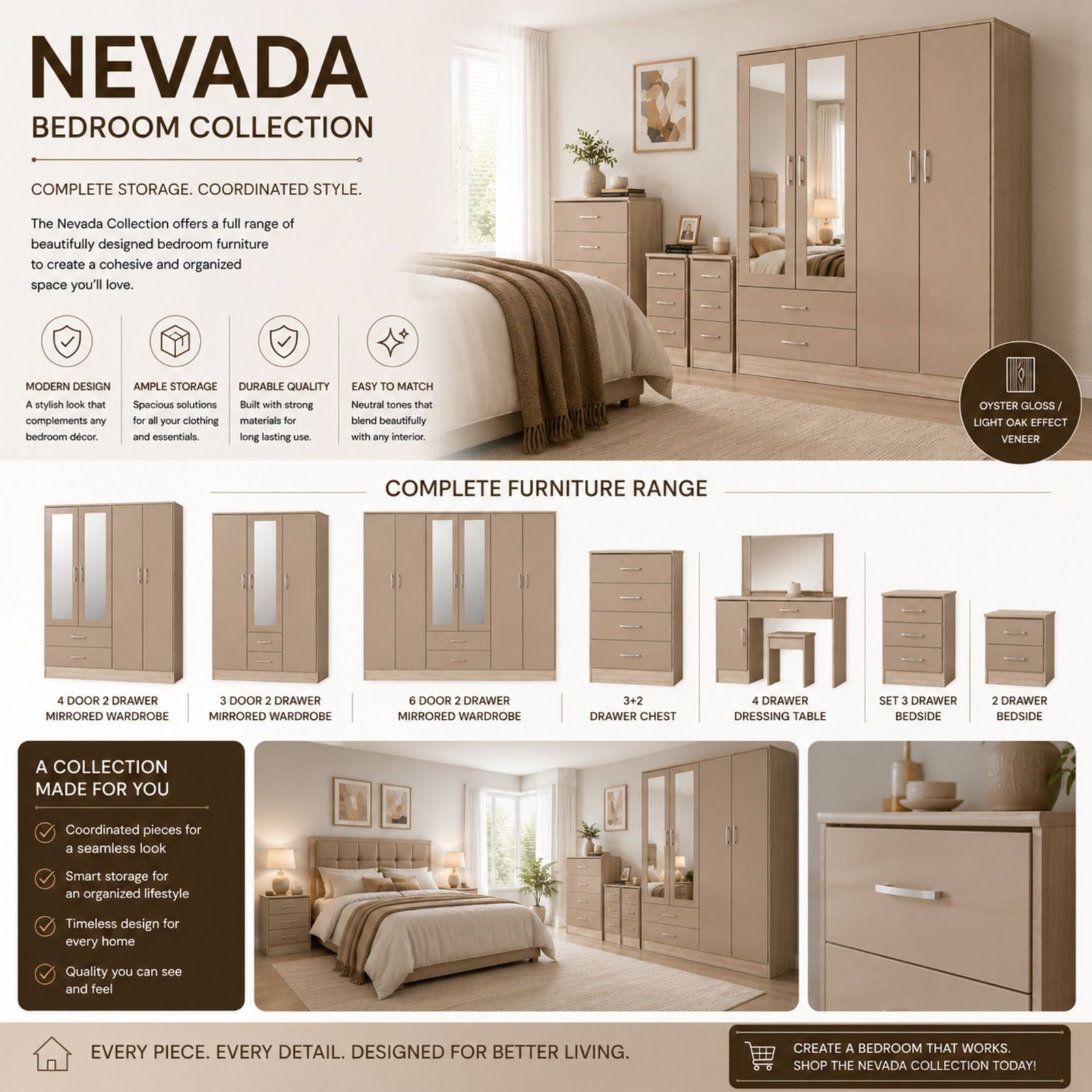Nevada 4 Door 2 Drawer Mirrored Wardrobe Bedroom Set β Oyster Gloss / Light Oak Effect - Image 3