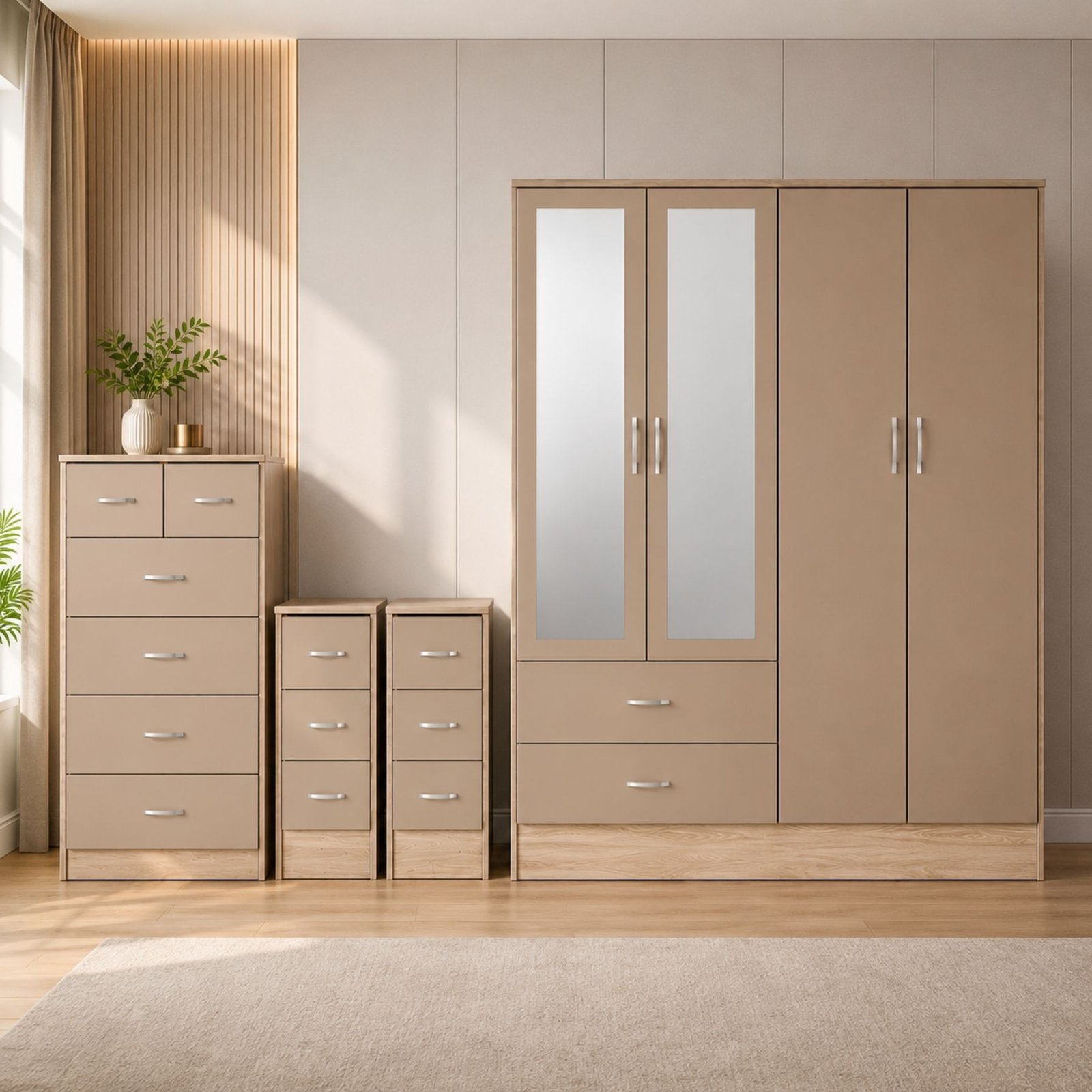Nevada 4 Door 2 Drawer Mirrored Wardrobe Bedroom Set β Oyster Gloss / Light Oak Effect - Image 5