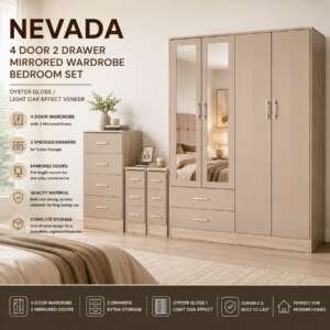 Nevada 4 Door 2 Drawer Mirrored Wardrobe Bedroom Set – Oyster Gloss / Light Oak Effect