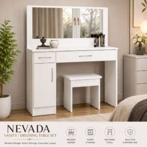 Nevada Vanity / Dressing Table Set with Stool – Modern White Dressing Table